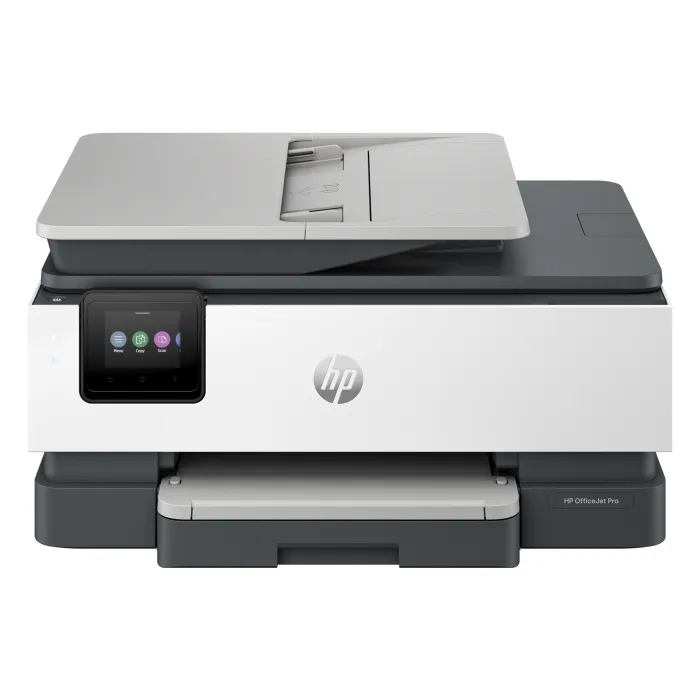HP OfficeJet Pro All-In-One Printer 35-sheet ADF, auto duplex printing, 225-sheet input tray, 6.86cm colour touchscreen, Wi-Fi, Wi-Fi Direct & Ethernet, borderless printing, HP Smart App support, plus a 3-year warranty upon registration.